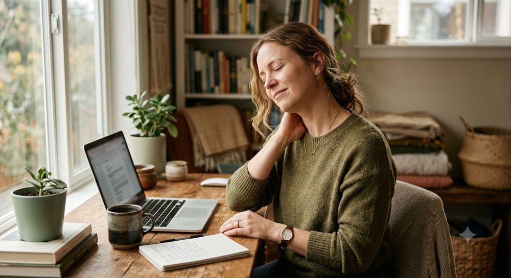 Woman at a desk with neck tension that leads to tension headaches