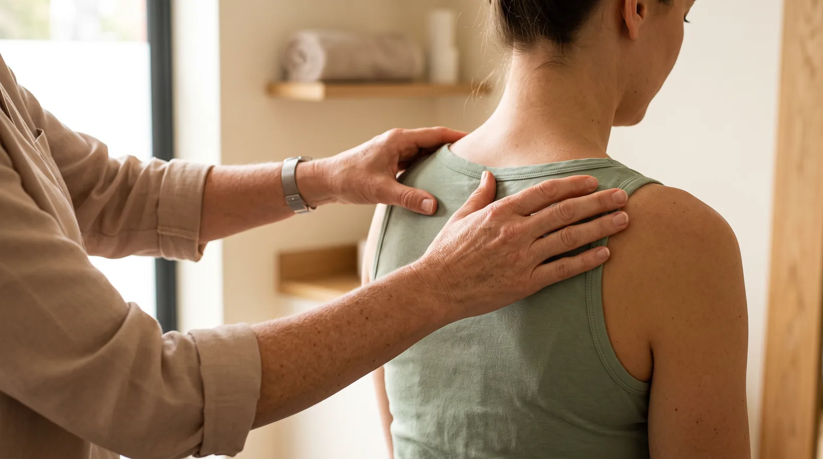 Physiotherapist assessing a patient's shoulder during an appointment at a South Surrey clinic