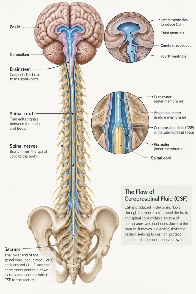 Diagram of cerebrospinal fluid flow from the brain ventricles down the spinal cord to the sacrum