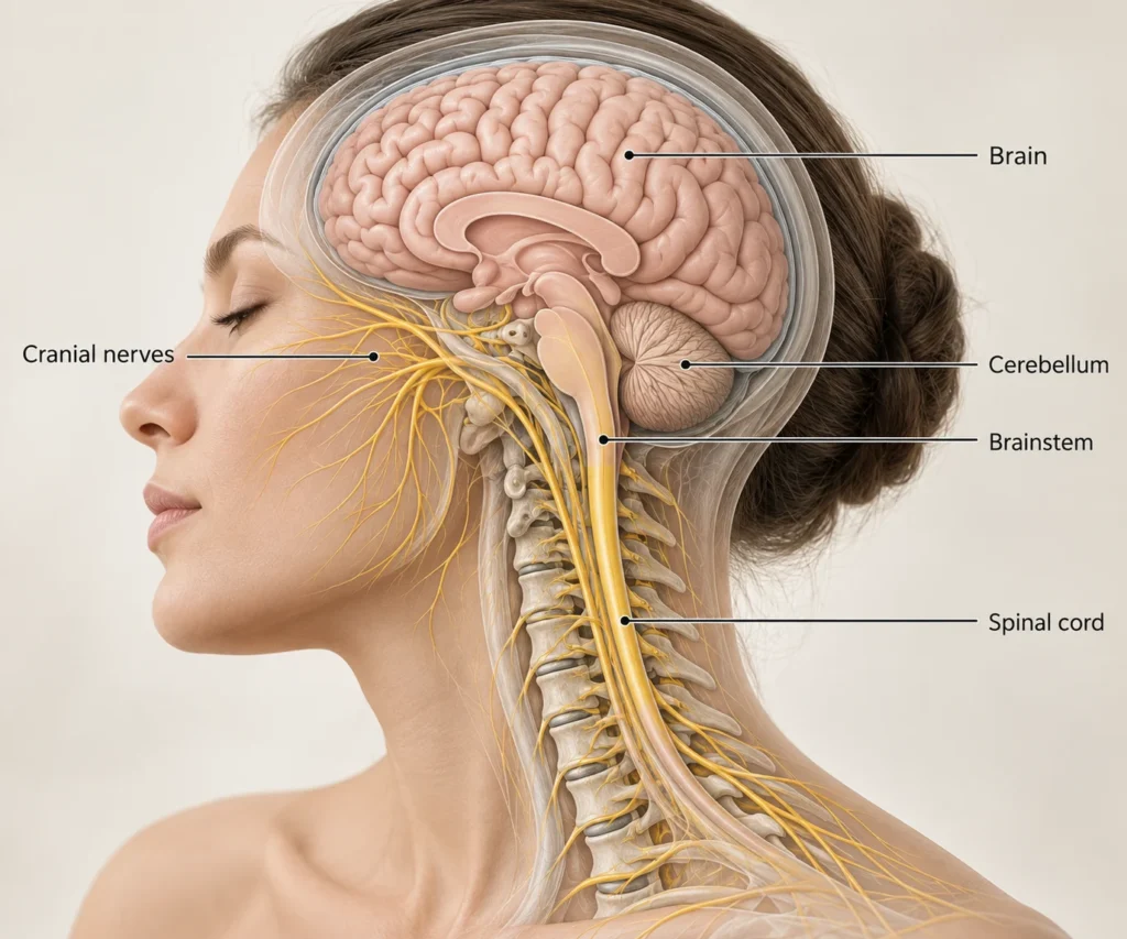 Side view of the head and neck showing brain, cerebellum, brainstem, cranial nerves and spinal cord