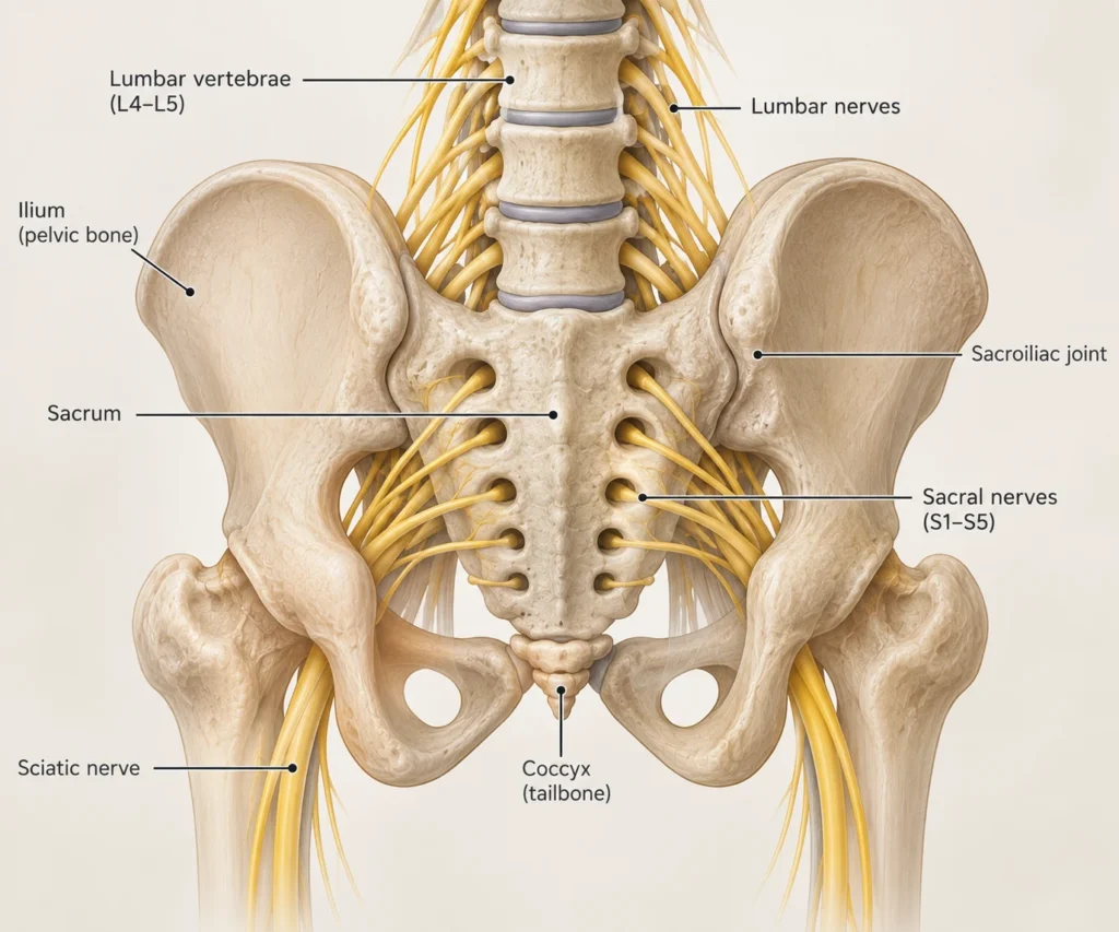 Illustration of the pelvis showing lumbar vertebrae, ilium, sacrum, sacroiliac joints, sacral nerves, sciatic nerve and coccyx