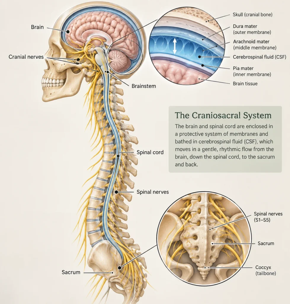 Full craniosacral system diagram: skull, brain, spinal cord and sacrum with membrane detail