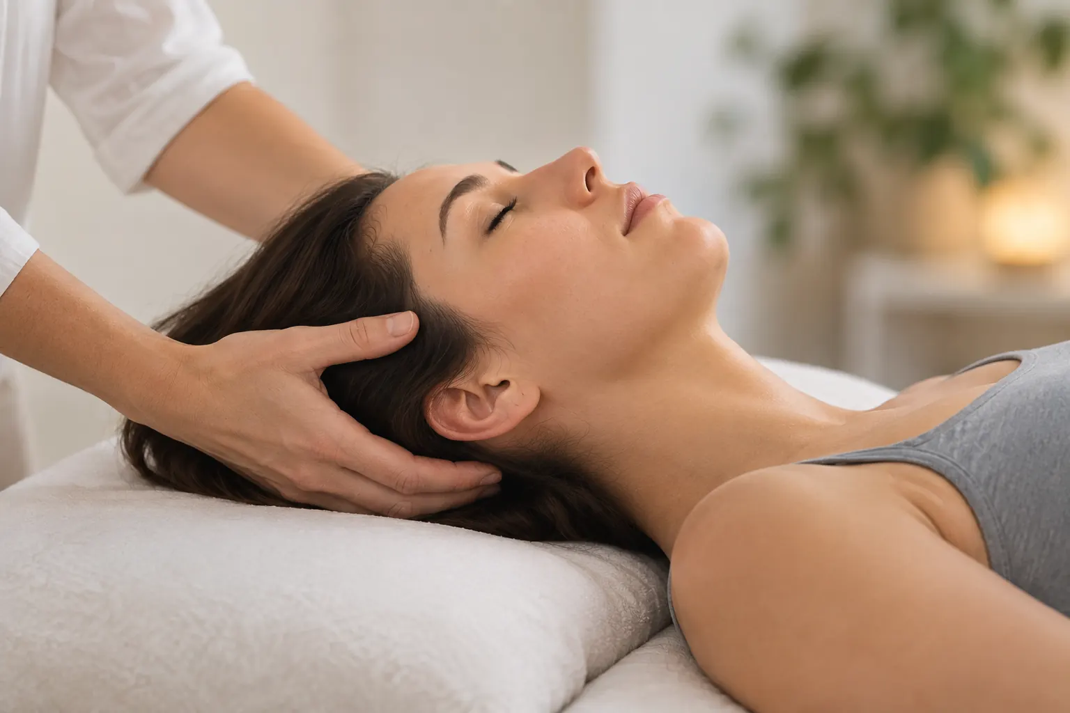 Therapist cradling a patient’s head with light contact while the patient lies on a treatment table