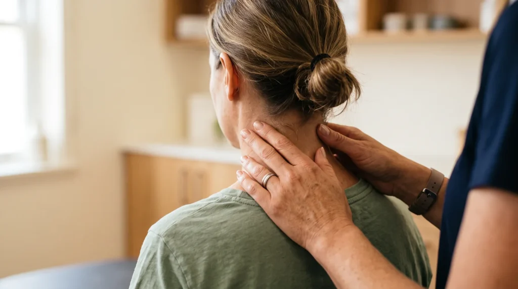Physiotherapist assessing a patient's neck after a car crash injury in South Surrey
