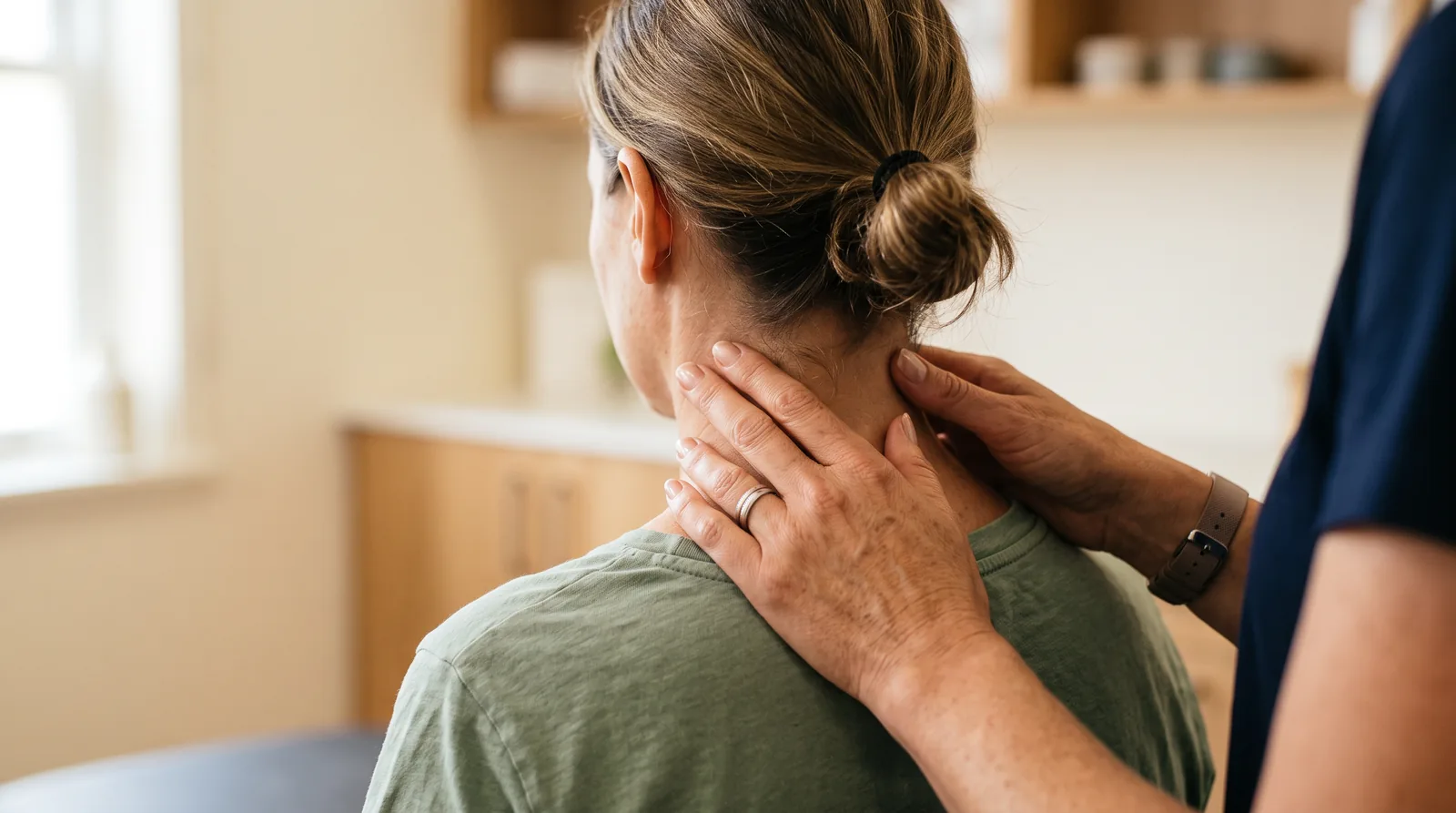Physiotherapist assessing a patient's neck after a car crash injury in South Surrey