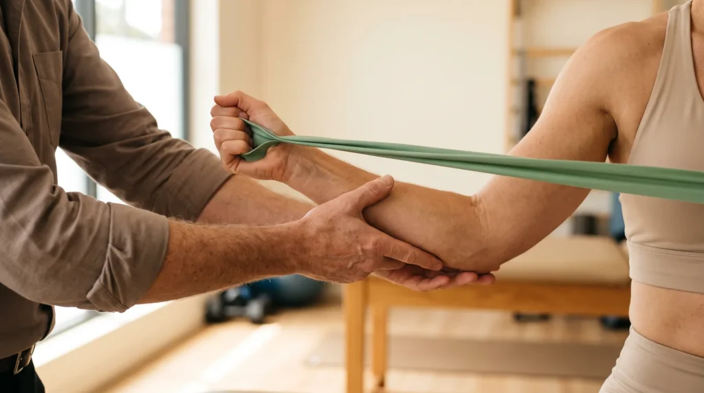 Kinesiologist guiding a client through a resistance band exercise at a South Surrey clinic
