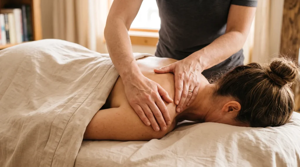 Registered massage therapist working on a client's upper back during a massage in South Surrey