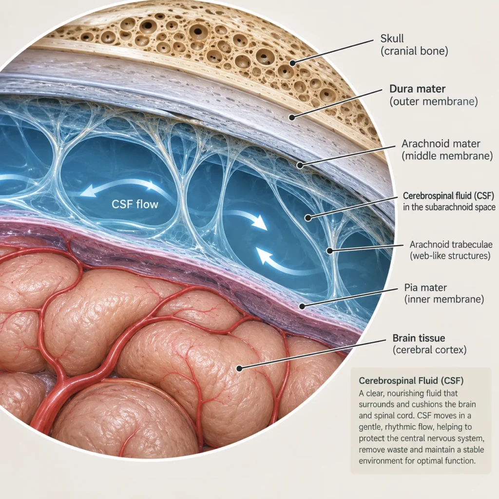 Cross-section detail of skull, dura mater, arachnoid mater, cerebrospinal fluid and pia mater over brain tissue