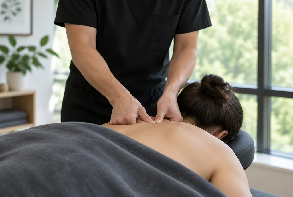 Practitioner pressing both thumbs on a point at the top of a patient's shoulder
