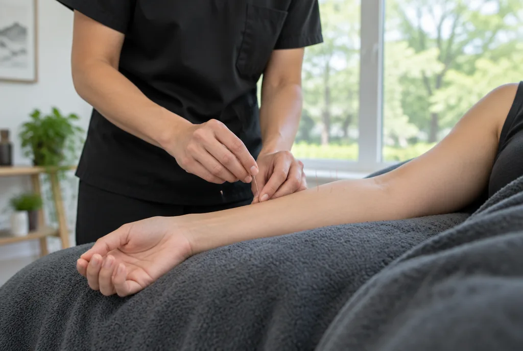 Acupuncturist inserting a fine needle along a patient's forearm