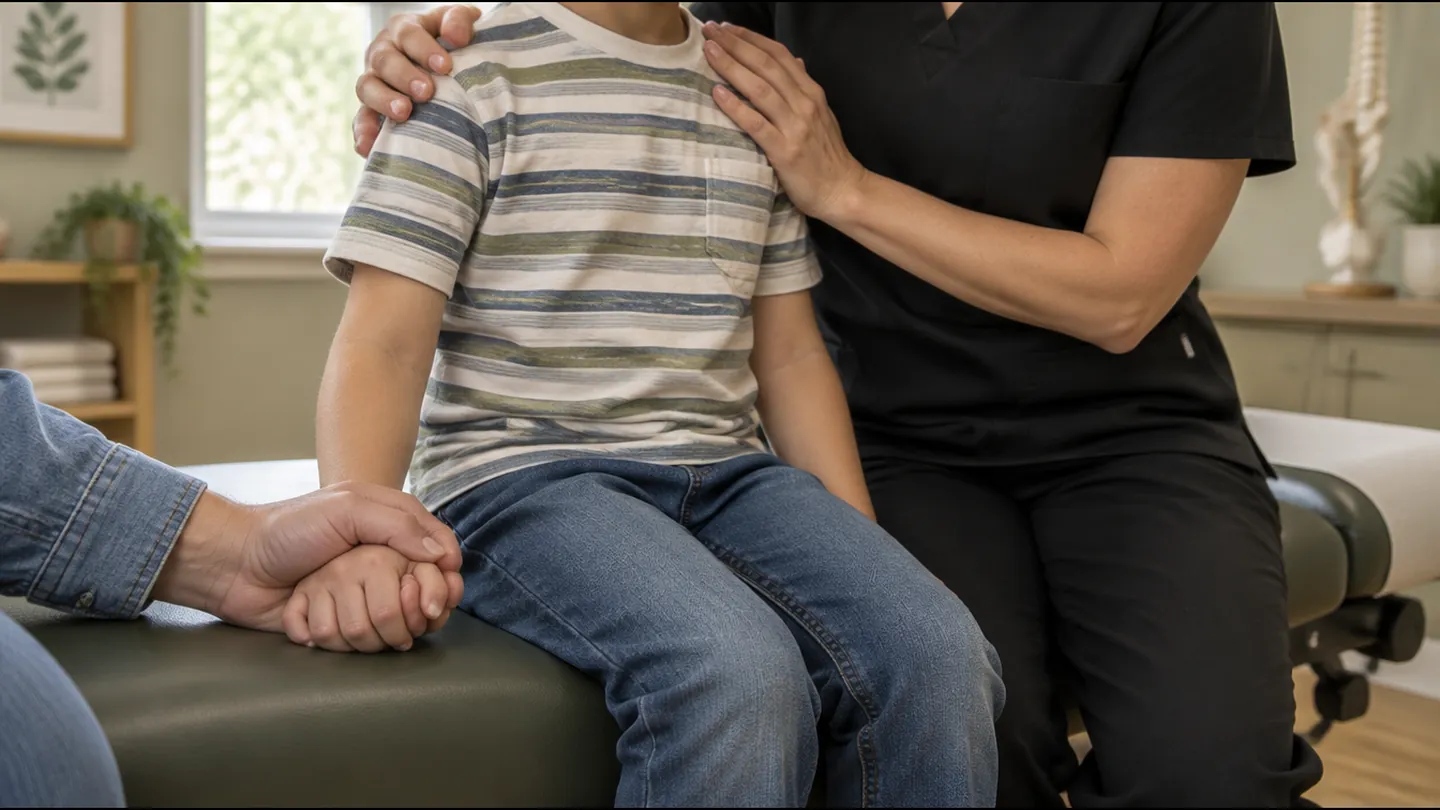 A child seated on a treatment table with a chiropractor in black scrubs beside him and a parent holding his hand