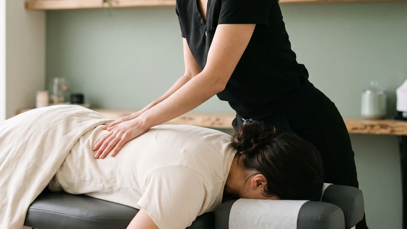 A chiropractor in black scrubs with her hands on a patient's upper back during a treatment