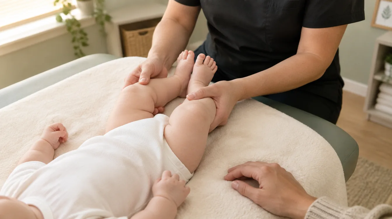 A baby lying on a treatment table while a chiropractor in black scrubs gently holds the baby's legs, with a parent's hand resting beside them