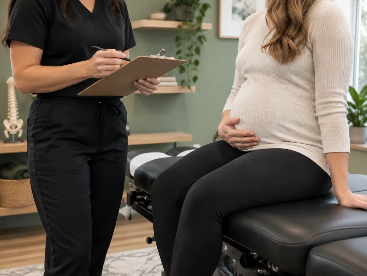 A pregnant patient seated on a treatment table talking with a chiropractor in black scrubs who holds a clipboard