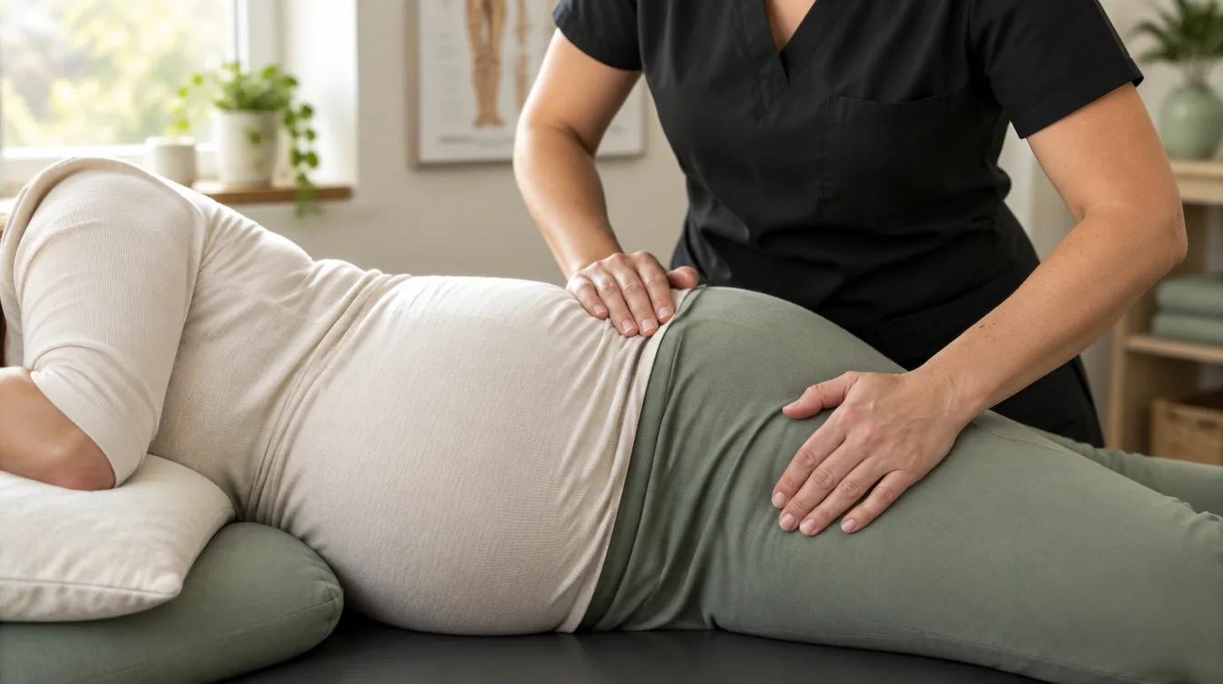 A pregnant patient lying on her side on a treatment table while a chiropractor in black scrubs rests her hands on her hip and lower back