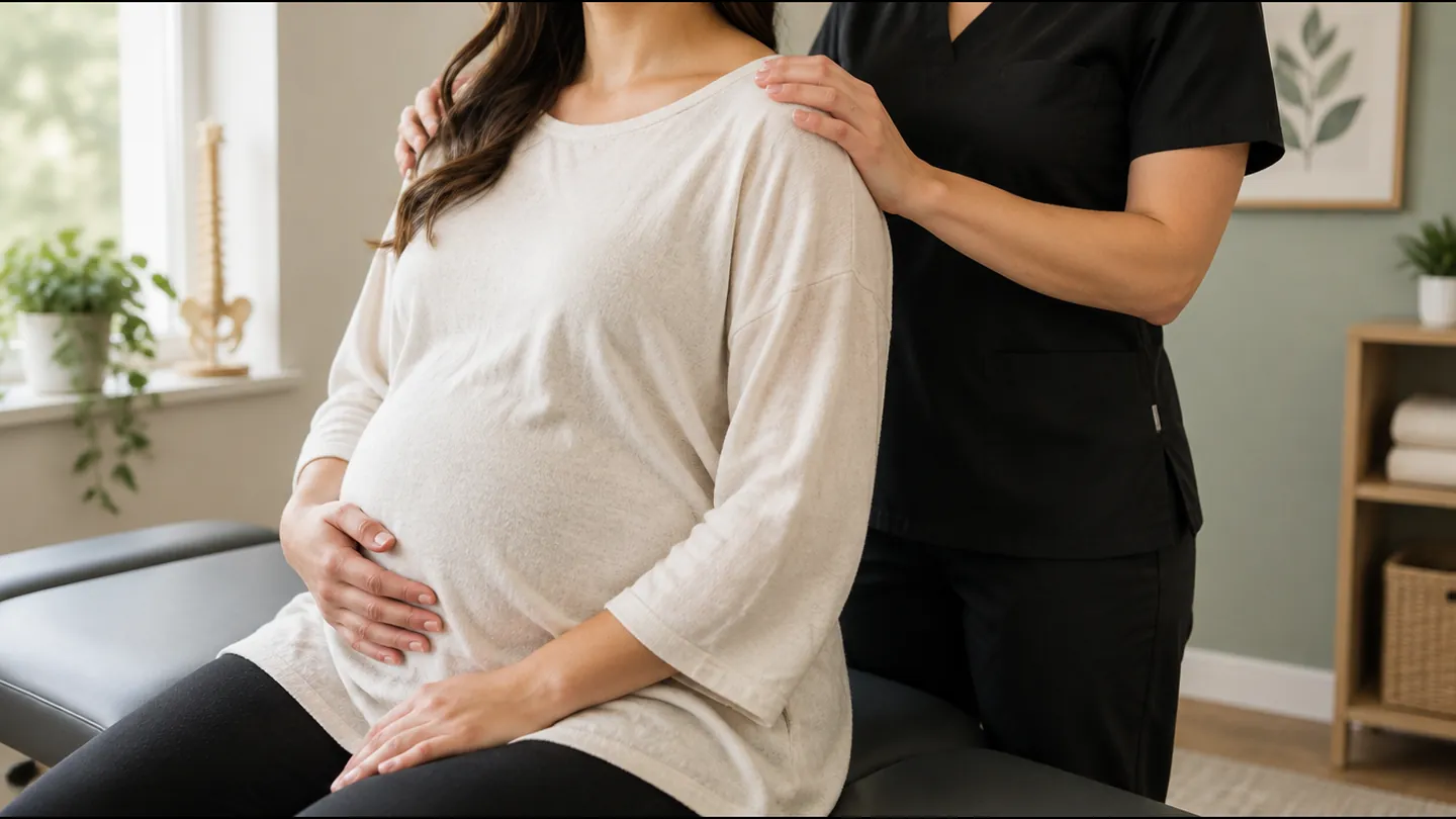 A pregnant patient seated on a treatment table while a chiropractor in black scrubs rests her hands on her shoulders