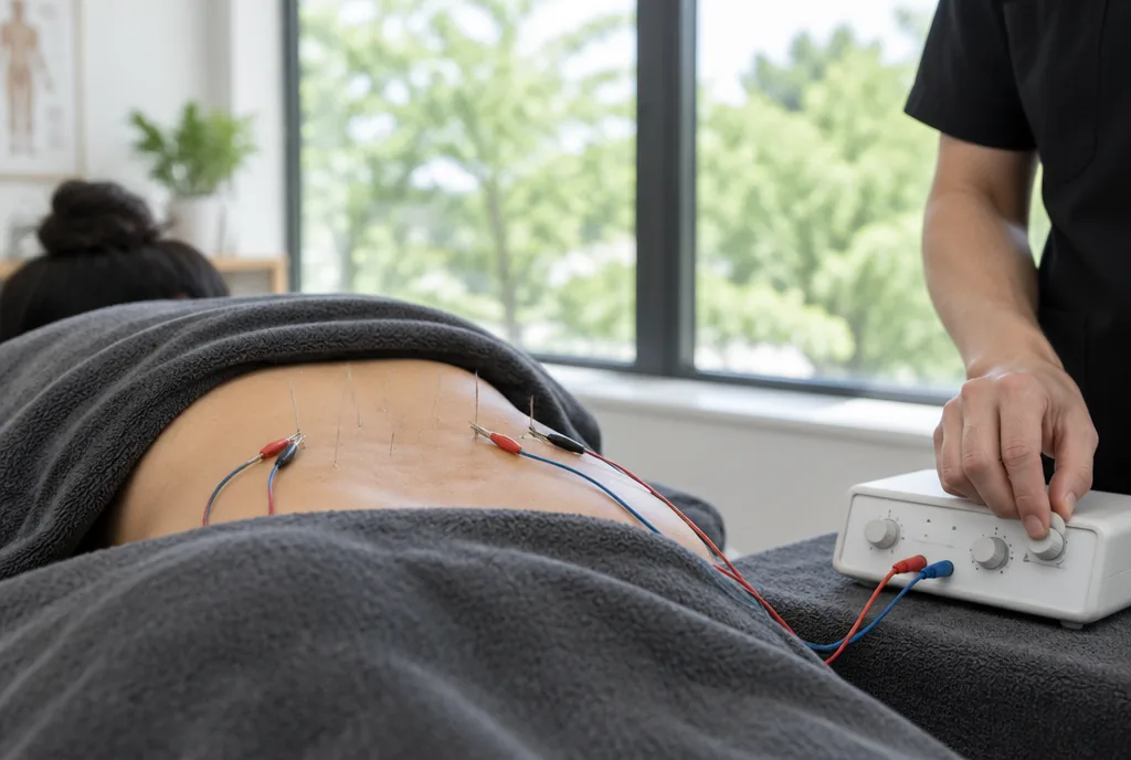 Acupuncture needles in a patient's lower back connected by thin wires to an electro-acupuncture unit