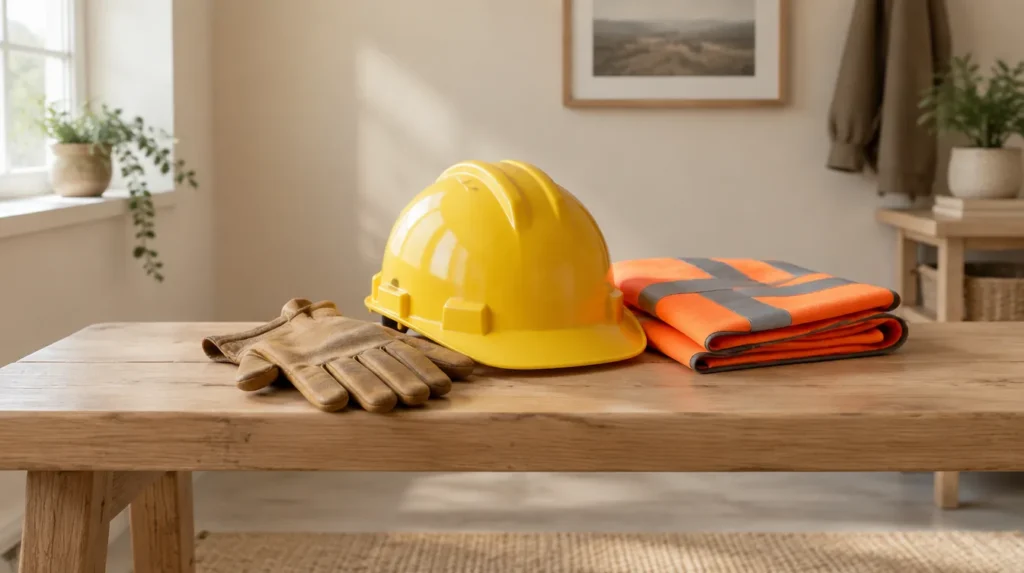 Yellow hard hat, leather work gloves and a folded high-visibility vest on a wooden bench